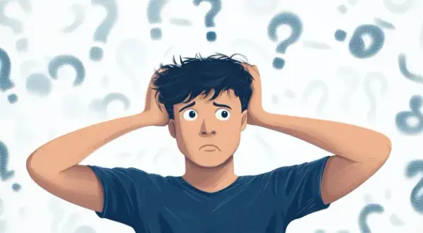 A confused person with hands on their head surrounded by question marks, pondering if boxing lowers IQ.