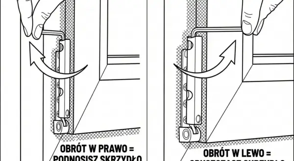 Regulacja okien na zimę: obrót klucza w prawo podnosi skrzydło, w lewo opuszcza.
