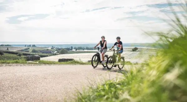 Zwei Radfahrer genießen die Aussicht auf den Bodensee.