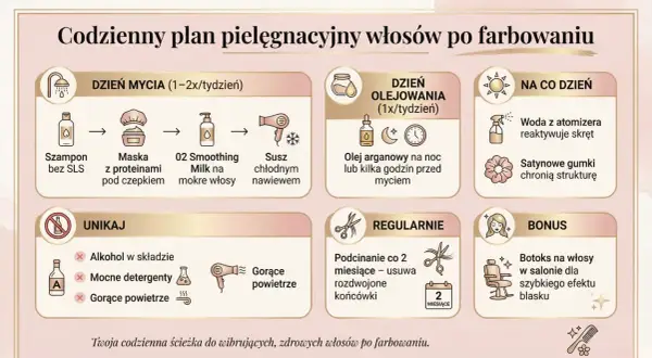 Plan pielęgnacji włosów po farbowaniu: unikaj alkoholu, mocnych detergentów i gorącego powietrza, by ratować ekstremalnie zniszczone włosy.