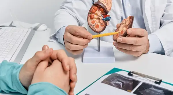 Lekarz wyjaśnia pacjentowi, jak wygląda biopsja nerki, używając modelu narządu. Na stole leżą wyniki badań USG.