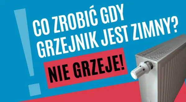 Co zrobić, gdy najdalszy grzejnik nie grzeje? Biały grzejnik z termostatem na niebiesko-czerwonym tle.