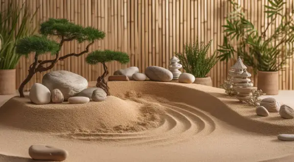 Miniatur-asiatischer Garten mit Bonsai, Steinen und Sandwellen vor Bambuswand.