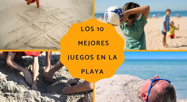 Cuatro escenas de juegos en la playa: un gato y un perro dibujados en la arena, un niño con un balón, niños cavando en la arena y un hombre enterrado en la arena.