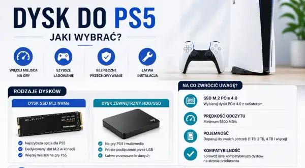 Konsola PS5 z kontrolerem, dysk SSD M.2 NVMe i dysk zewnętrzny HDD/SSD.