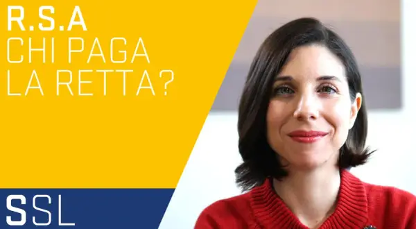 Donna sorridente su sfondo giallo con testo "R.S.A. Chi paga la retta?". Affronta temi come invalidità al 100% e Alzheimer.