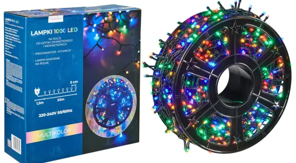 Lampki choinkowe LED na rolce, wielokolorowe, 1000 sztuk. Zasilanie 220-240V, moc 6W. Dowiedz się, ile prądu zużywają lampki choinkowe LED.