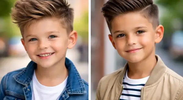 Due ragazzi con un taglio di capelli corto alla moda, uno con giacca di jeans, l'altro con giacca beige.