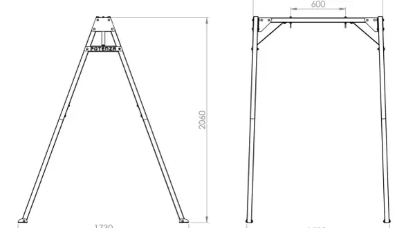 Schemat huśtawki ogrodowej z wymiarami: wysokość 2060 mm, szerokość 1590 mm, głębokość 1730 mm.