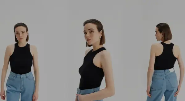 Modelka w czarnym topie z dekoltem typu halter i jeansach. Widok z przodu, z boku i z tyłu.