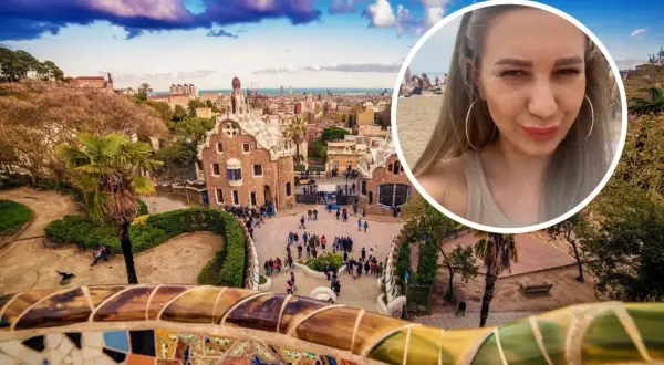 Kobieta na plaży w Barcelonie, w tle Park Güell. Czy w Barcelonie jest bezpiecznie? Tak, to piękne miasto!