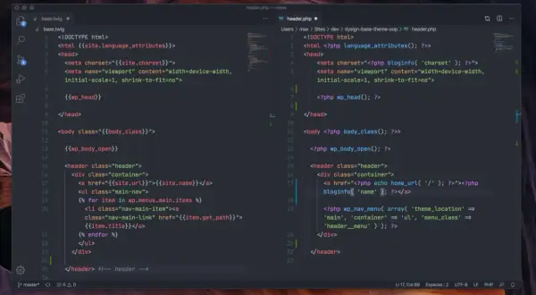 Code source d'un fichier Twig, incluant des balises et des variables pour un en-tête de site web.