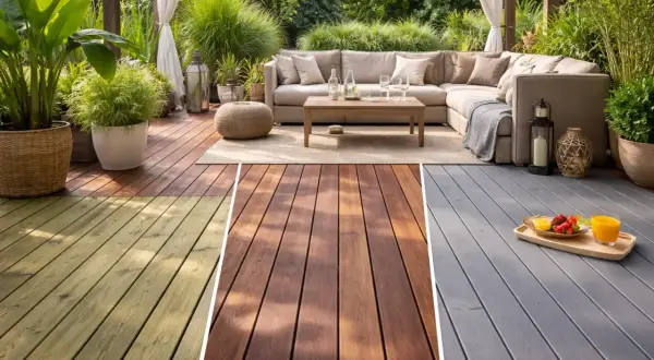 Comparativa de acabados para colocar suelo de madera sobre vigas: verde, marrón y gris.