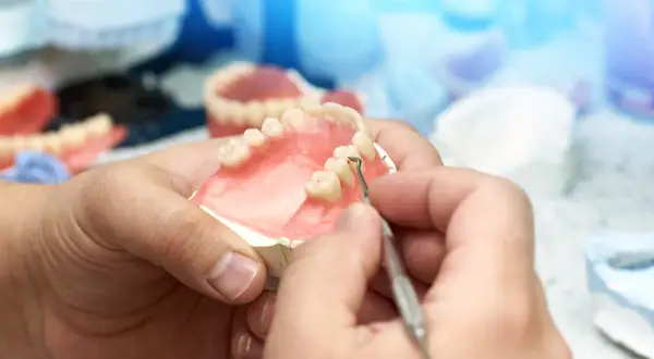 Protetyk stomatologiczny pracuje nad protezą zębową, która może być refundowana przez NFZ.
