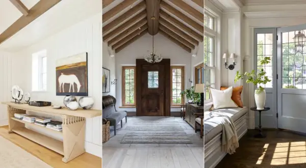 Three distinct entryway designs: a bright, modern space with a console table; a rustic hall with a grand wooden door and beamed ceiling; and a cozy nook with a window seat and double doors.