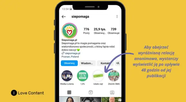 Profil Siepomaga.pl na Instagramie. Czy widac kto ogladal wyroznione relacje na IG? Nie, anonimowo po 48h.
