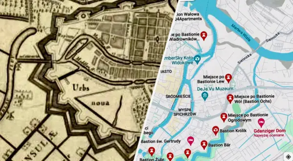Stara mapa fortyfikacji Gdańska obok współczesnej mapy z zaznaczonymi bastionami i atrakcjami.