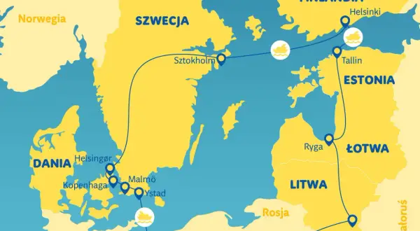 Mapa Europy Północnej z zaznaczonymi trasami rejsów. Gdzie jest Wilno? Na Litwie, na wschód od Polski.