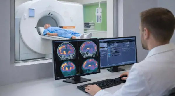 Arzt wertet PET-Untersuchung des Gehirns aus. Patient liegt in einem Scanner.