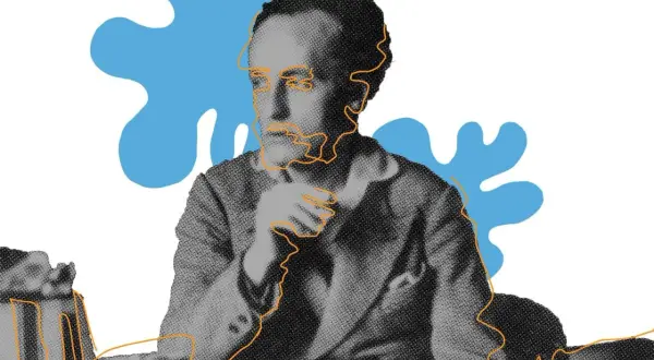 Portret Władysława Strzemińskiego, artysty znanego z innowacyjnych dzieł. Stylizowany rysunek z niebieskimi plamami.
