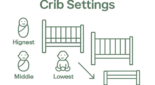 Illustration showing crib settings: highest, middle, and lowest mattress positions. It visually explains how tall are cribs at different levels.