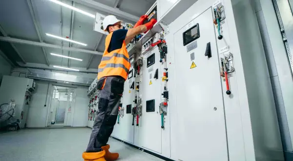 Elektriker arbetar med elskåp, följer ensamarbete regler.