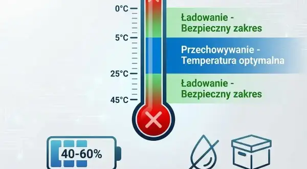 Termometr pokazuje optymalne warunki dla żywotności akumulatora: ładowanie w bezpiecznym zakresie temperatur, przechowywanie w optymalnej temperaturze, poziom naładowania 40-60% i suche miejsce.