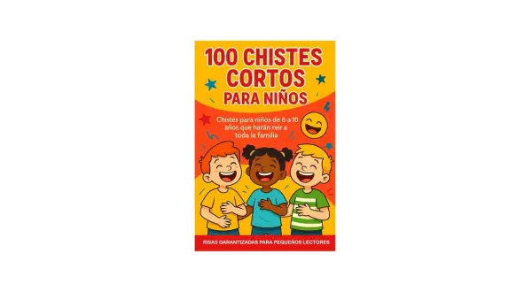 Portada de libro "100 chistes graciosos cortos para niños", con tres niños riendo a carcajadas. ¡Diversión garantizada!