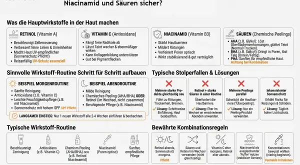 Retinol-Kosmetik: Ein Leitfaden für die Hautpflege. Erklärt, wie man Retinol, Vitamin C, Niacinamid und Säuren kombiniert.