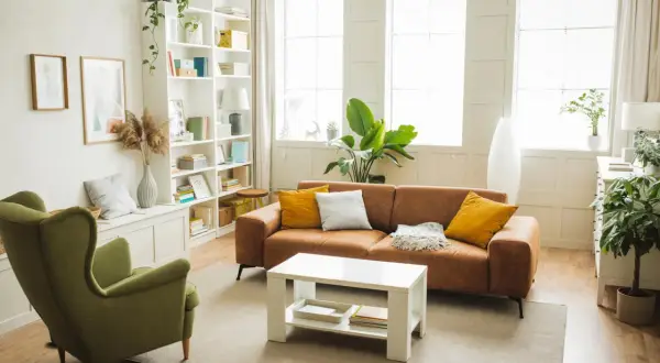 Minimalistyczny salon z brązową kanapą, zielonym fotelem i białym stolikiem. W tle regał z książkami i rośliny.