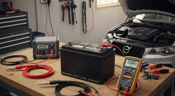 Diagnostic d'une batterie de voiture avec chargeur et multimètre. Idéal pour le temps de recharge batterie voiture en roulant.