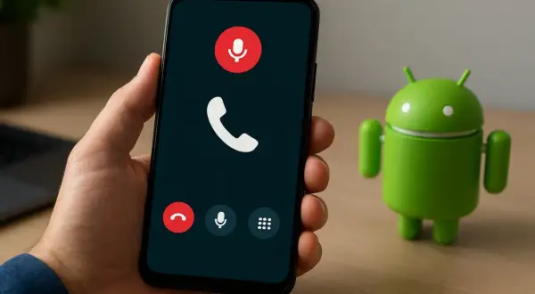 Dłoń trzyma smartfon z ekranem rozmowy przychodzącej. Obok stoi zielona figurka Androida, sugerując nagrywanie rozmów android.