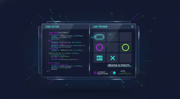 Éditeur de code affichant des animations CSS, avec un aperçu en direct d'effets d'interface créatifs. Le mot-clé `css will-change` est implicite dans l'optimisation des animations.