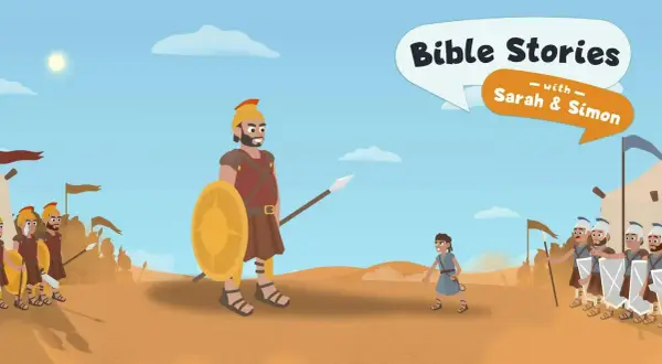 Dawid z biblii, mały chłopiec, staje naprzeciw olbrzyma. W tle wojska i chmury.