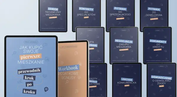 Zestaw materiałów edukacyjnych, w tym ebook "Jak kupić swoje pierwsze mieszkanie", który pomoże w uzyskaniu kredytu dla młodych.