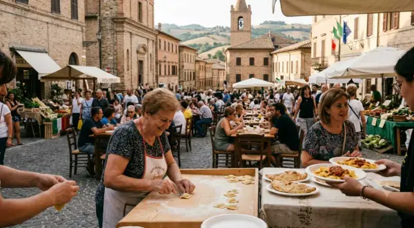 Festa di paese a Treia, Marche: gente a tavola, bancarelle di prodotti tipici e una signora che prepara ravioli.