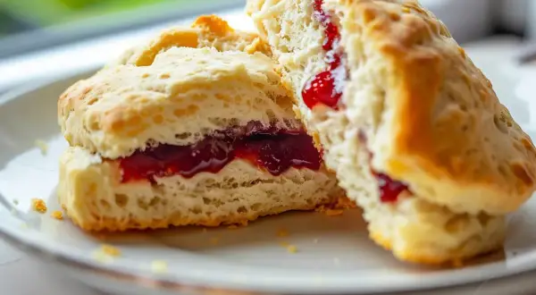 Två fluffiga scones utan filmjölk, fyllda med sylt, ligger på en vit tallrik.