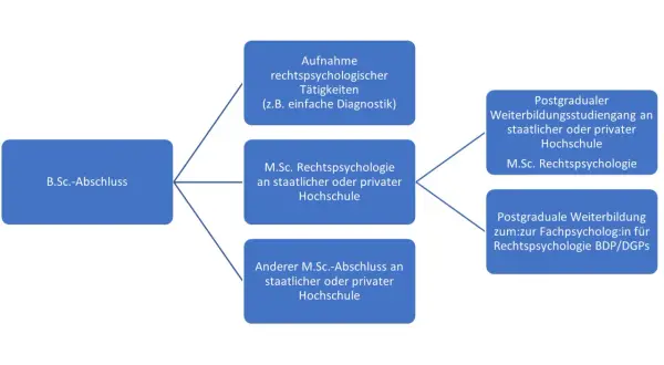 Flussdiagramm zeigt Wege zum forensische psychologie master: B.Sc. Abschluss führt zu rechtspsychologischer Tätigkeit oder M.Sc. Rechtspsychologie.