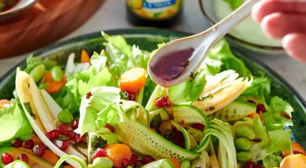 Sos sojowy idealnie podkreśli smak tej kolorowej sałatki z ogórkiem, pomidorkami i edamame.