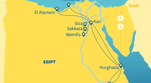 Mapa Egiptu z zaznaczonymi trasami podróży: Aleksandria, El Alamein, Kair, Giza, Sakkara, Memfis, Hurghada, Luksor. Widać delta Nilu.