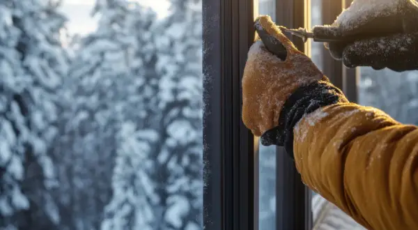 Ręce w rękawiczkach uszczelniają okno, by jak ocieplić okna na zimę. W tle zimowy, ośnieżony las.
