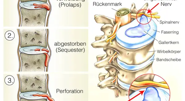 Illustration zeigt die Stadien einer Bandscheibenprotrusion LWS: Vorwölbung, abgestorbener Teil (Sequester) und Perforation, die zu einem eingeklemmten Nerv führen.