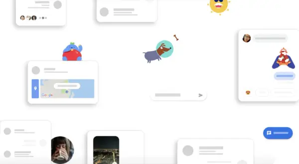 Wiadomości Google SMS: urocze postacie i ikony, mapa Google, piesek w kosmosie, słońce i okna czatu.