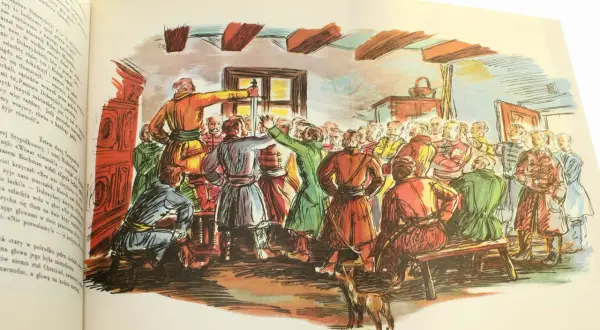 Scena z "Pana Tadeusza", kiedy powstał, ukazuje szlachtę w strojach narodowych, z uniesionym mieczem.