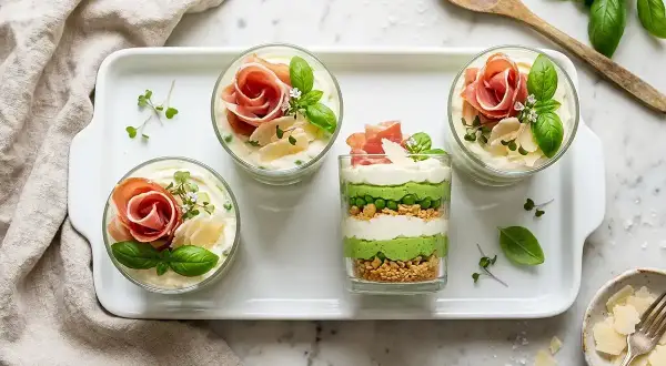 Délicieux tiramisu salé en verrines, garni de fines tranches de jambon, de petits pois et de copeaux de parmesan.