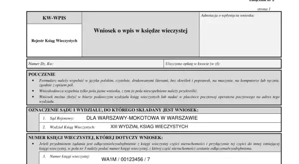 Formularz KW-WPIS do wykreślenia hipoteki z księgi wieczystej. Wniosek o wpis w księdze wieczystej.