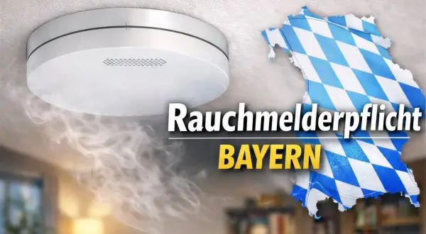 Rauchmelderpflicht in Bayern: Ein weißer Rauchmelder an der Decke, Rauch steigt auf. Die Bayernkarte mit weiß-blauen Rauten symbolisiert die Rauchmelderpflicht im eigenen Haus.