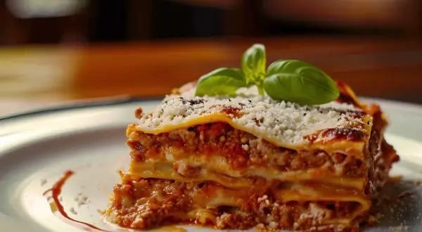 Ein Stück Lasagne al forno, mit Hackfleischsauce, Käse und Basilikum garniert.