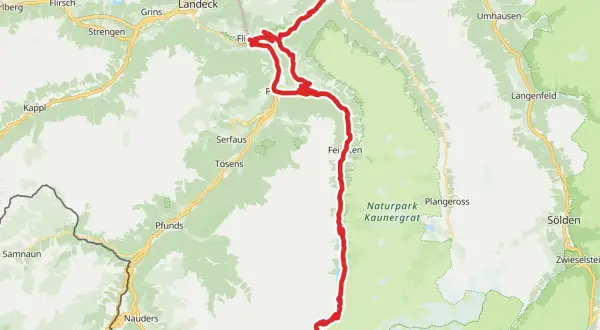 Trasa Via Claudia Augusta w Austrii, prowadząca przez Alpy, z zaznaczonymi miejscowościami jak Landeck, Fiss, Serfaus i Sölden.