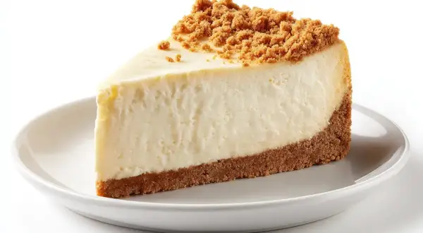En krämig bit cheesecake med kexbotten och smulor på toppen. Perfekt för ett enkelt cheesecake recept.